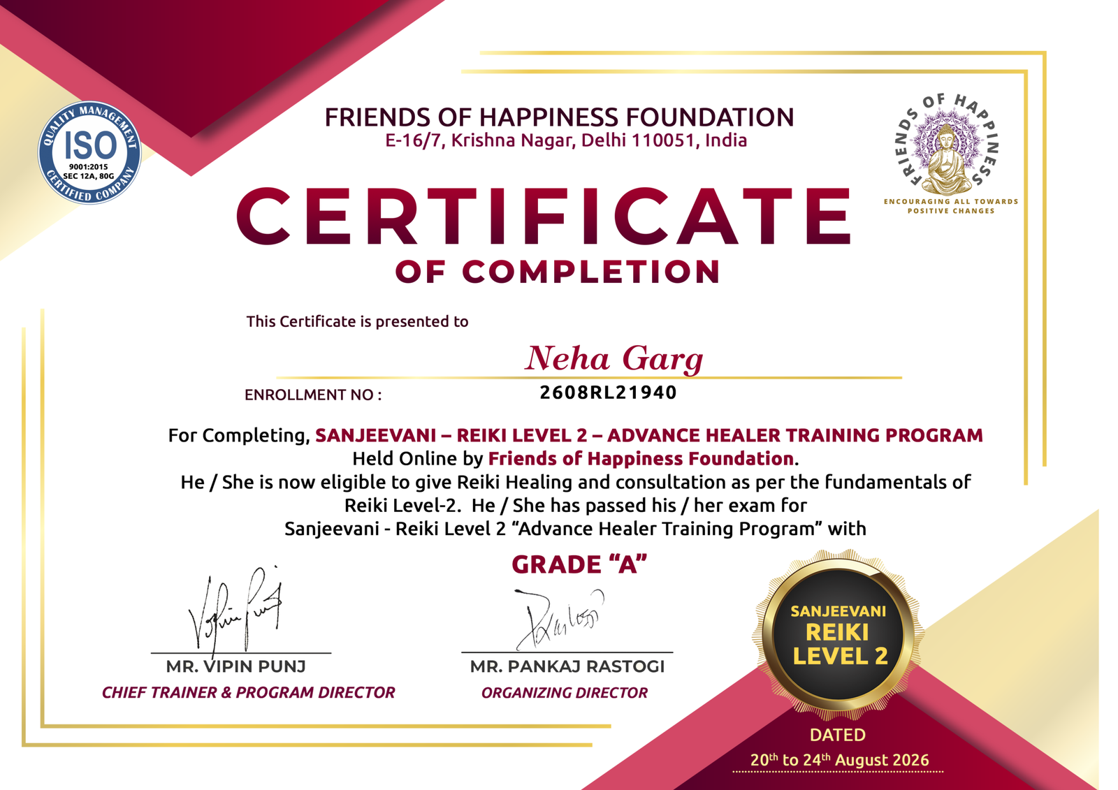 Neha Garg Reiki certificate