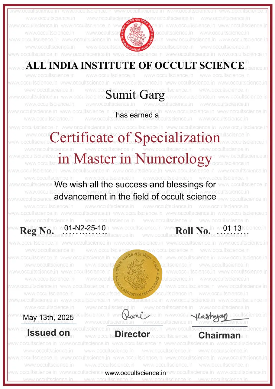 Suumit Garg Numerology certificate